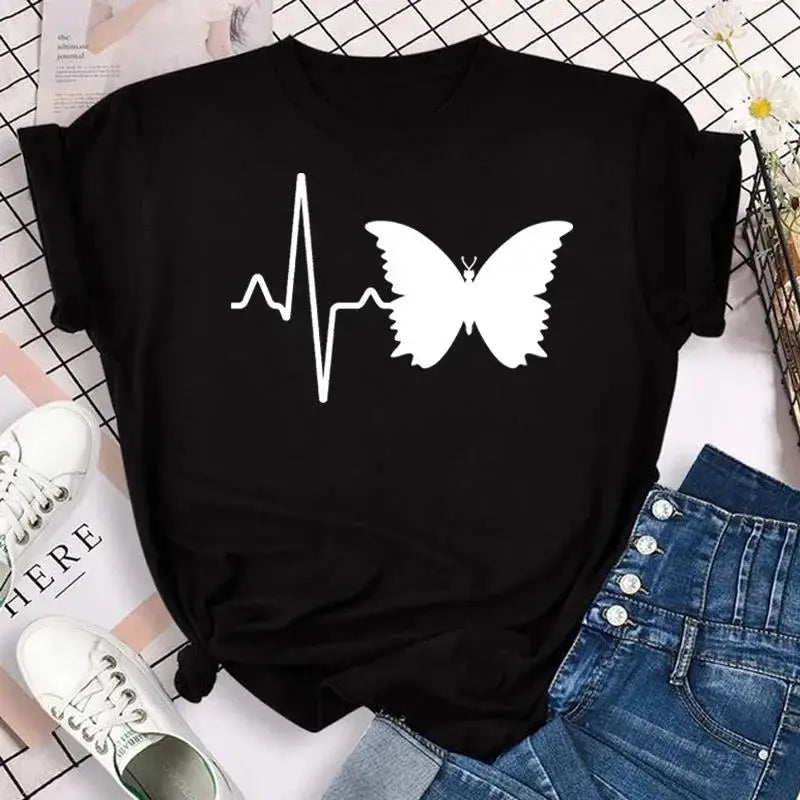 Fashion Women Men T Shirt Colorful Butterfly Petal Graphic Print T Shirt Casual Crew Neck Short Sleeve Plus Size T Shirt Unisex - Hiron Store