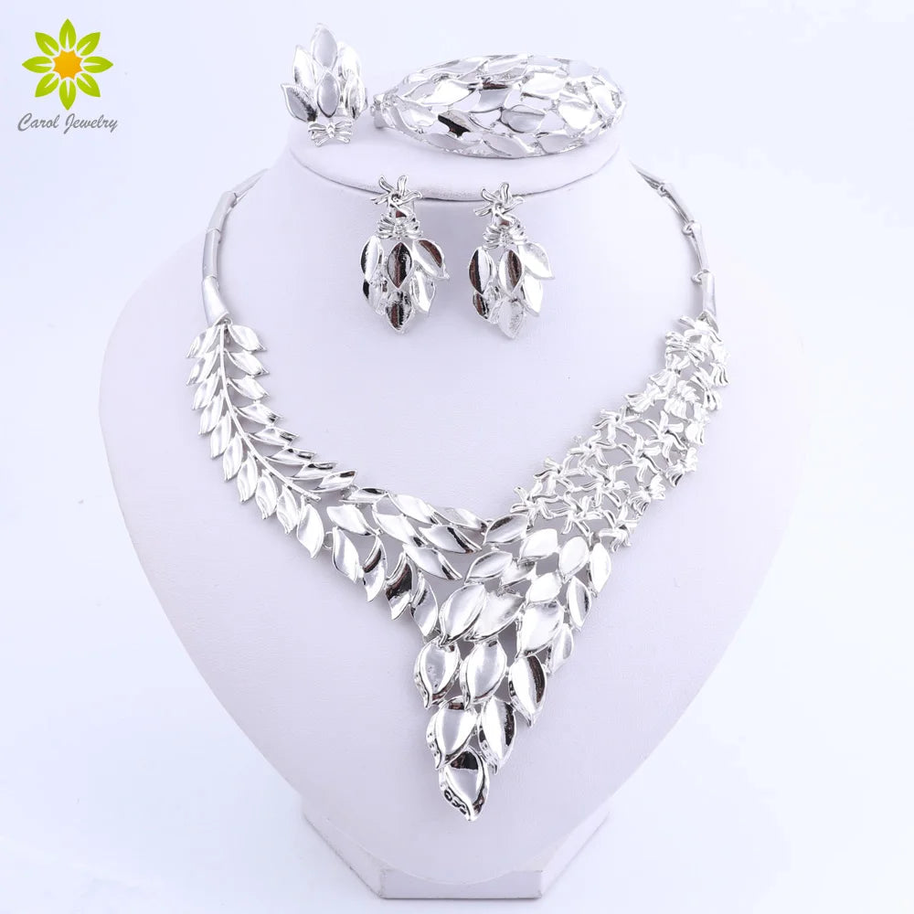 Bridal Jewelry Sets Silver Color Leaves Shaped Necklace Sets