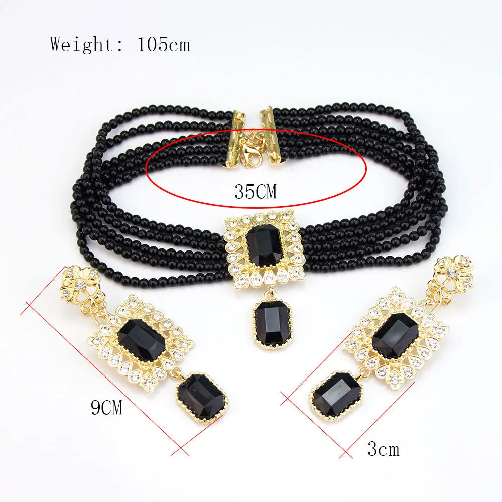 Sunspicems Chic Gold Color Arabic Bridal Jewelry Sets For Women Morocco Beads Chain Choker Necklace Square Crystal Drop Earring - Hiron Store