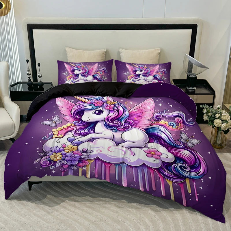 3PC Cartoon Unicorn Comfortable Bedding Set 1Duvet Cover & 2 Pillowcases Polyester Fiber 3D Digital Printing