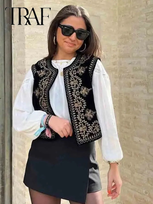 Embroidered Vest Sleeveless Jacket Women V Neck Chic Waistcoats Female Fashion Vests Coat