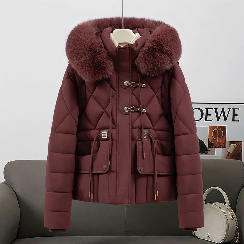 2026 New Women's down Cotton Jacket Short Thickened Large Fur Collar Loose Winter Coat