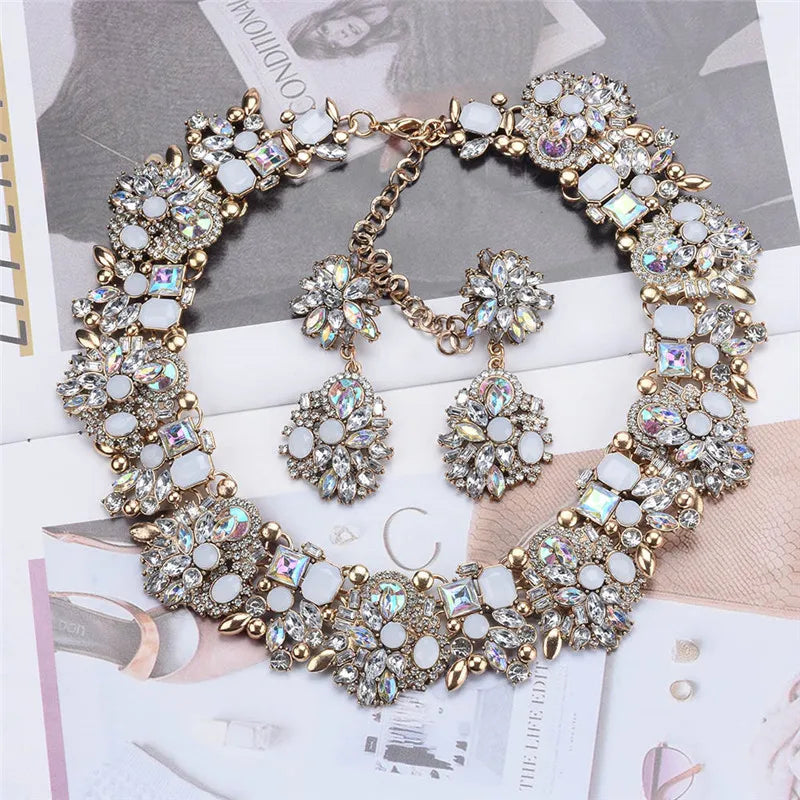 White Crystal Rhinestone Choker Necklace Earrings Women Jewelry Sets