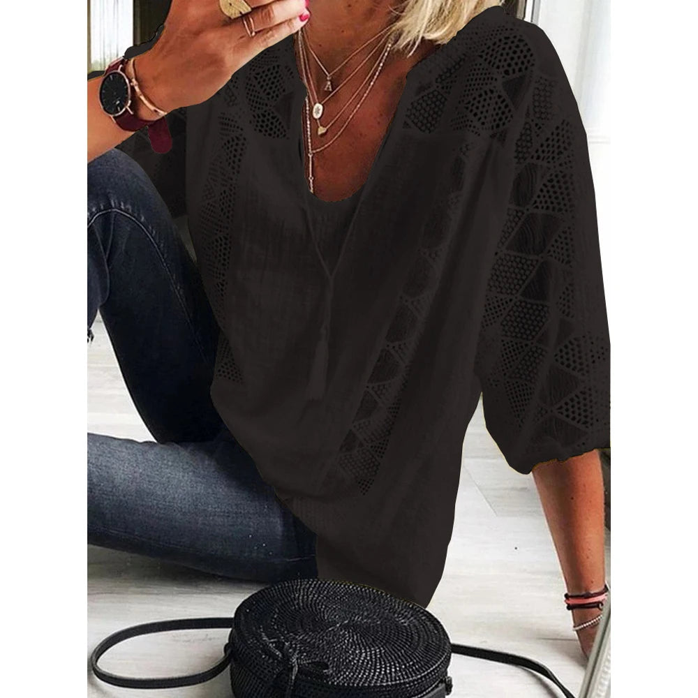 Women‘s Cotton Linen Tunic Tops V Neck Sleeve T-Shirt Ladies Clothing