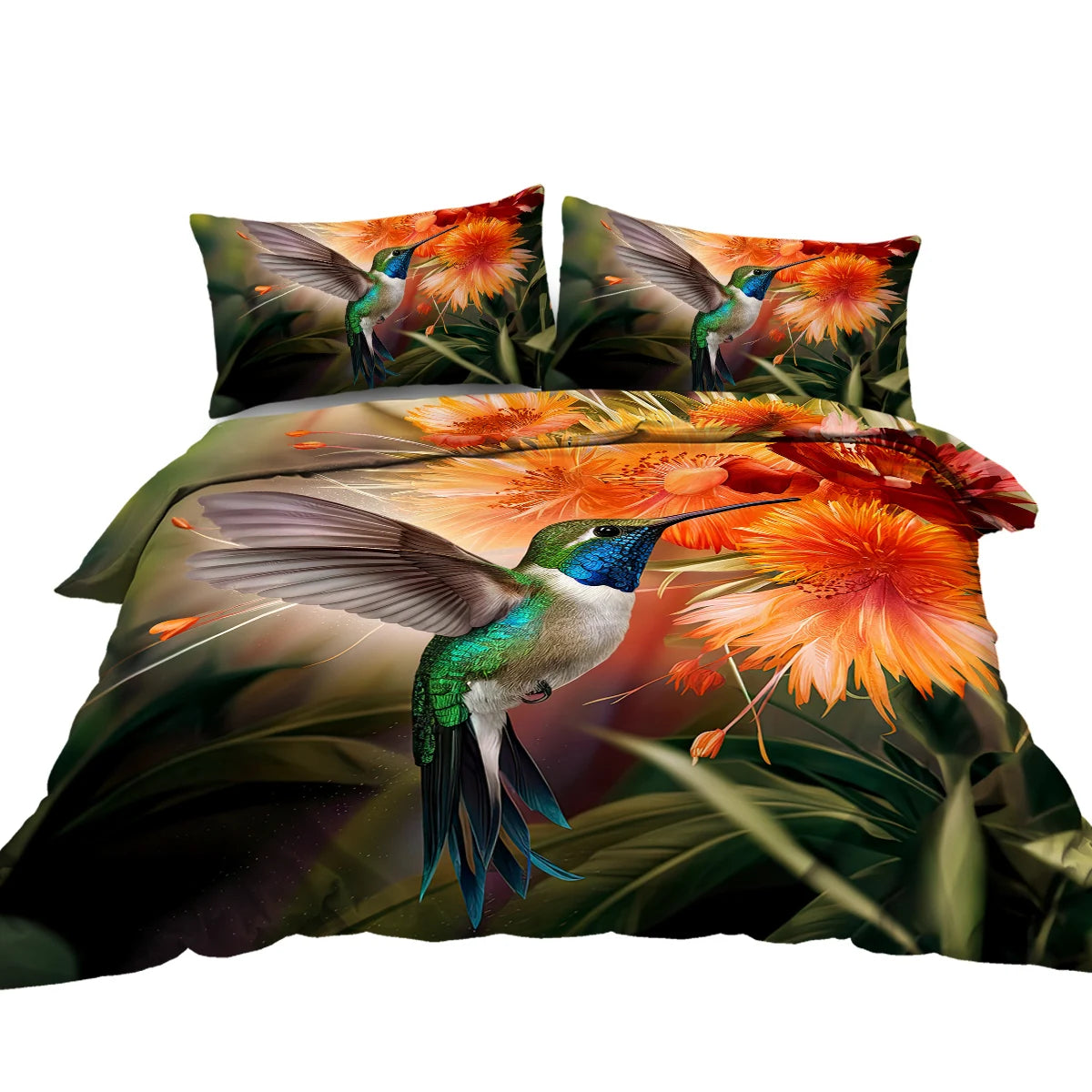 3pc Hummingbird Orange Flower Bud Pattern Duvet Cover Set Soft Bedding Cover Set Comforter Cover and Matching Pillowcases