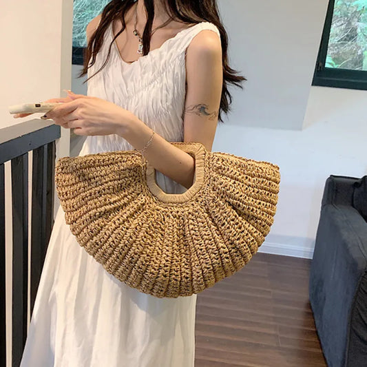 Ladies Moon Design Basket Shopper Bag Beach Straw Bag Summer Woven Travel Handbag For Women Luxury Large Capacity Shoulder Bags - Hiron Store