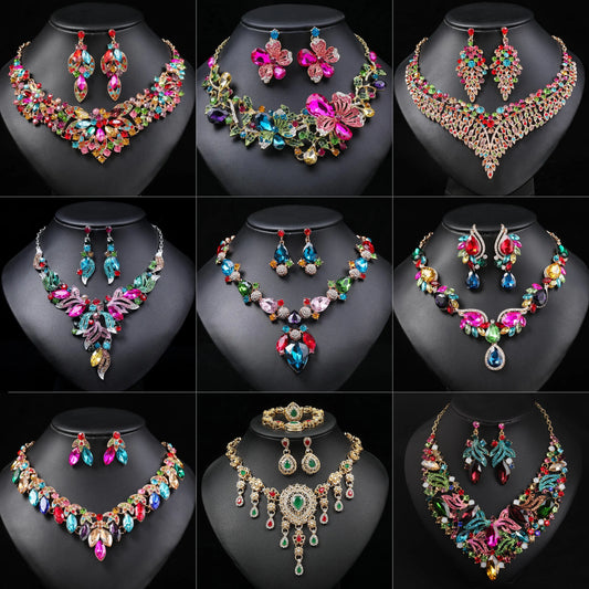 Gorgeous Colourful Crystal Necklace Earring Set Wedding Jewellery