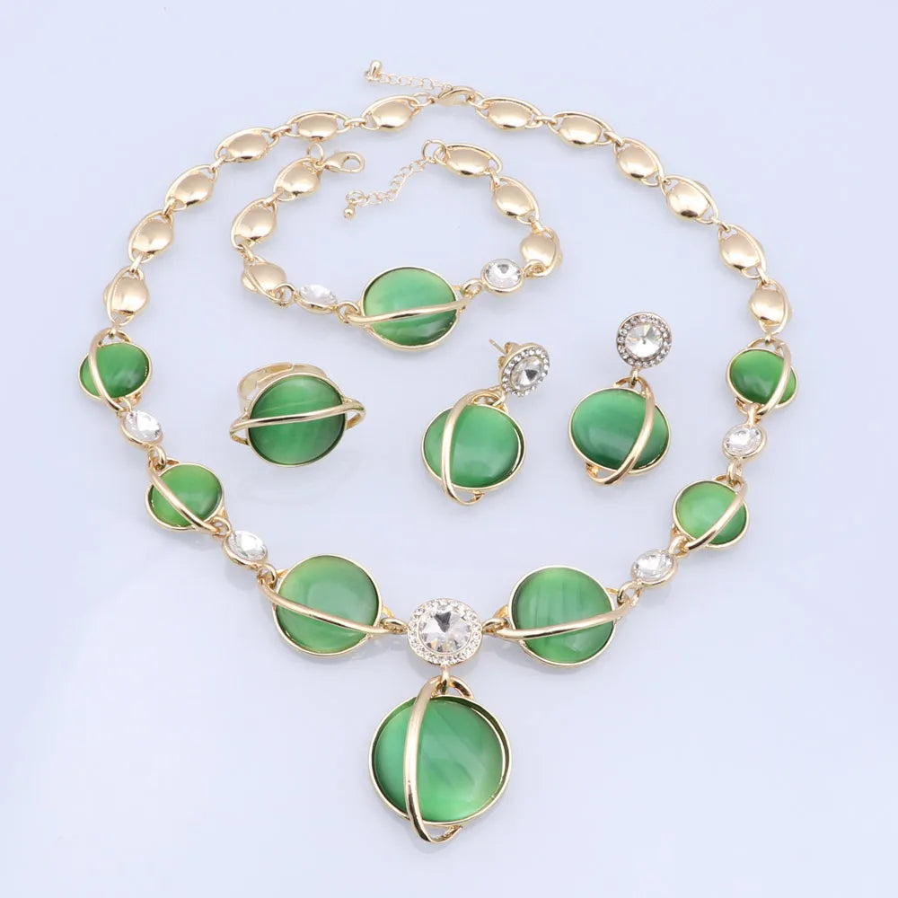 Italian Gold Plated Opal Jewelry Set Necklace Ring Earrings Bracelet For Women Wedding Party Accessories