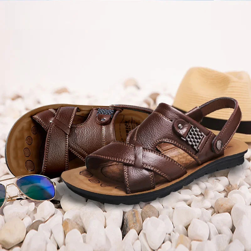 Men Leather Sandals Summer Shoes Slippers Soft Sandals Outdoor Walking Footwear - Hiron Store