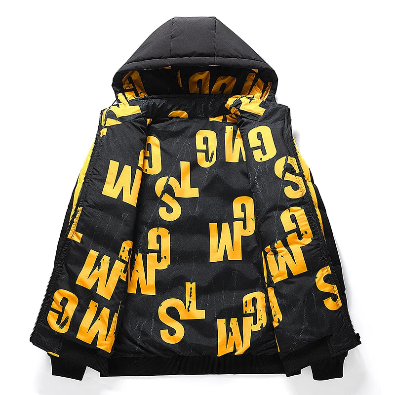 Streetwear Parkas  Jacket, Double-Sided Wear Men's Puffer Jacket, Outdoor Winter Thickened Down Coat, Letter Print Casual Parka Coats