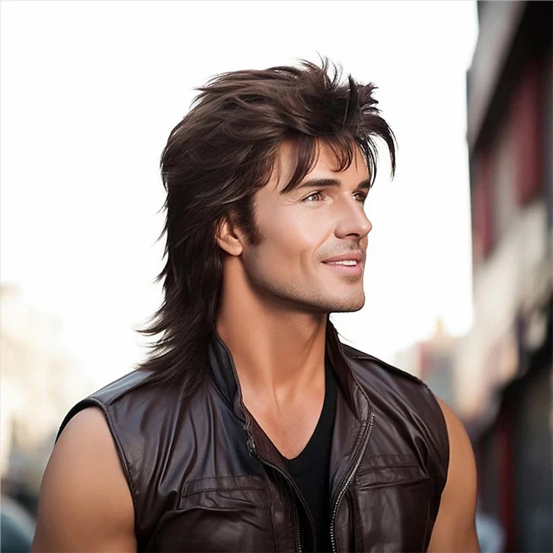 HAIRJOY Synthetic Hair Mullet Wig Adult  Wigs for Men Pop Rock Joe Dirt  for 70s 80s Wig Brown Synthetic Wigs