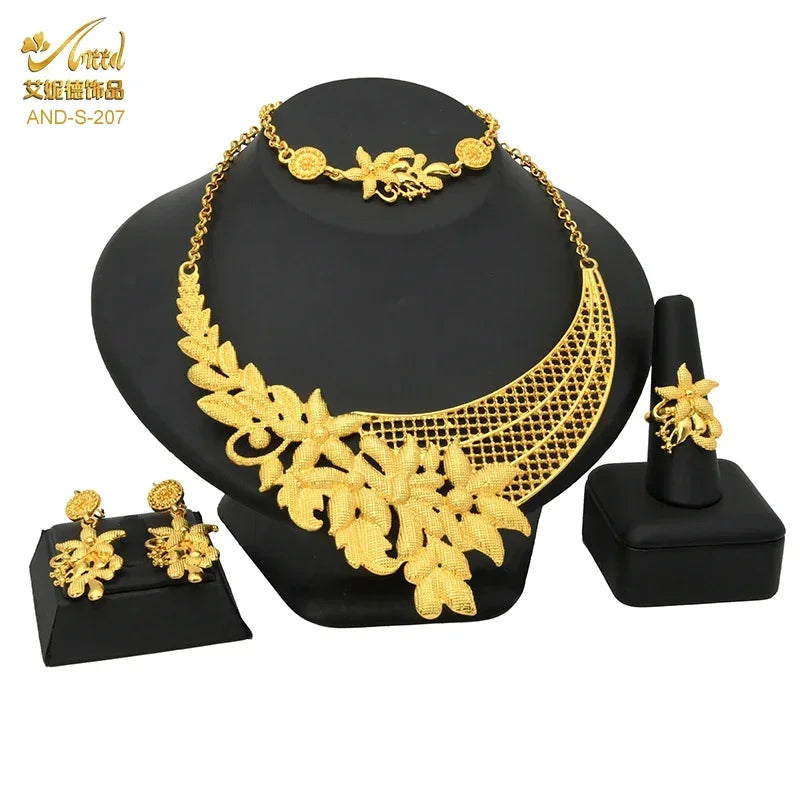 Dubai Ethiopian Multilayer Necklace And Earrings Sets For Women Indian Bridal 24k Gold Color Jewelry Set