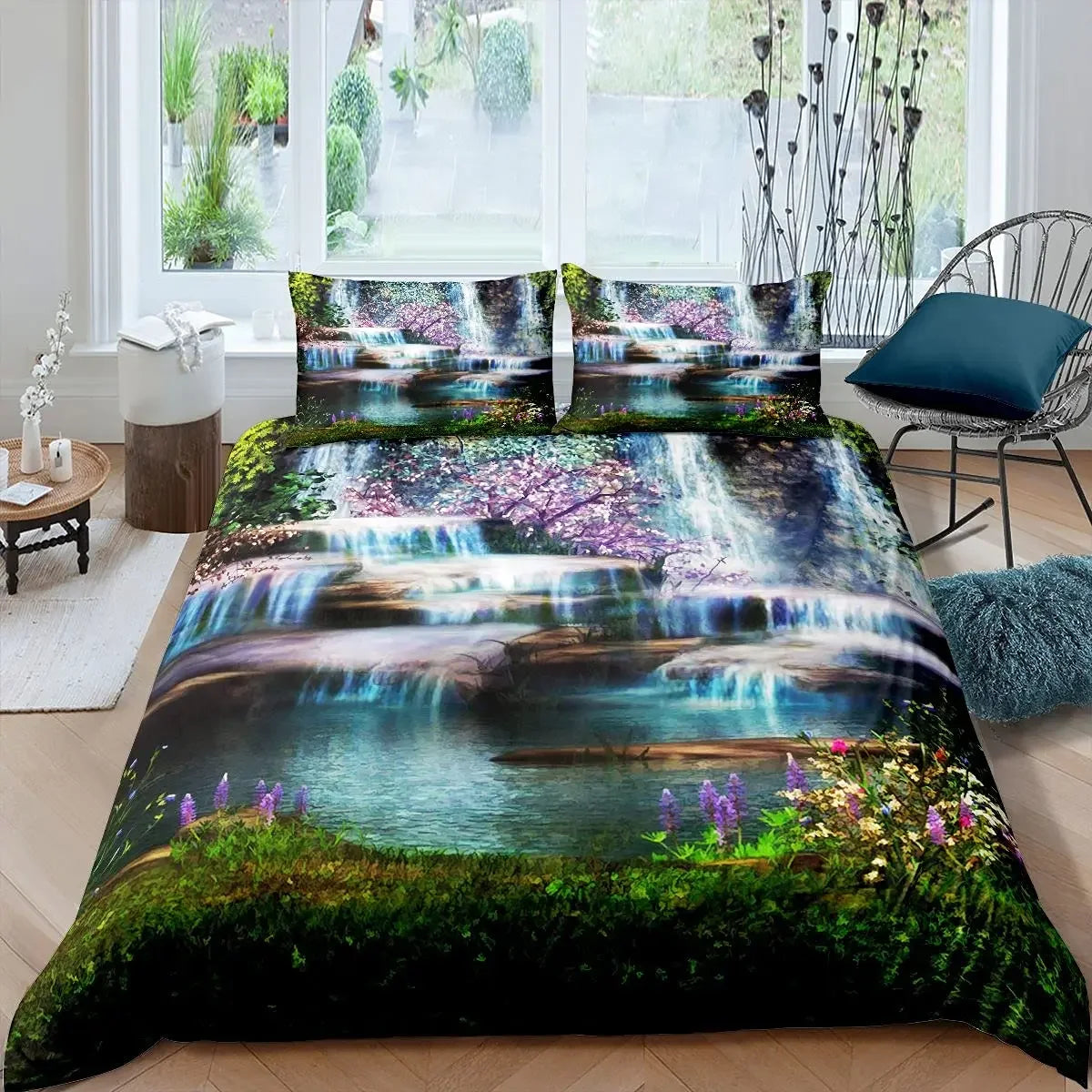 Waterfall Duvet Cover Set Natural Scenery Quilt Cover Pillowcase Landscape Forest Queen Size Polyester Bedding Set