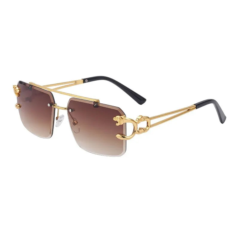 Fashion Metal Leopard Rimless Sunglasses Double Bridges Gradient Ocean Film Shades UV400 - Hiron Store