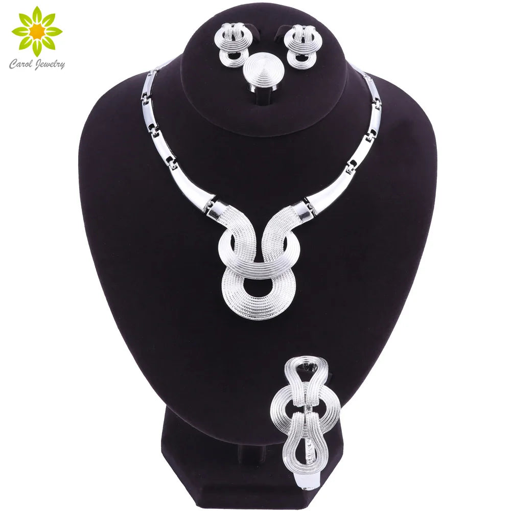 African Jewelry Set Silver-color Beads Jewelry Set Bridal Necklace Earrings Bracelet Ring