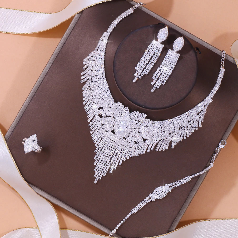 Luxury Indian Bridal Jewelry Sets Women Accessories Fashion Tassel Rhinestone Necklace Earrings Sets Wedding Jewelry - Hiron Store