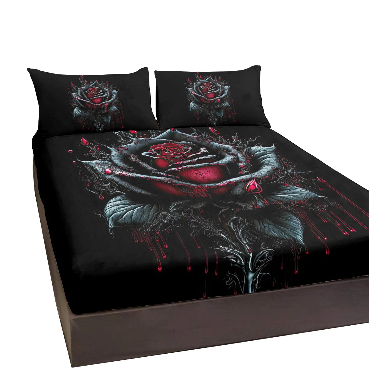 3D Black Red Rose Romantic Flowers Fitted Sheet Blood Ink Pattern Bedding Set 3 Piece Fitted Sheet Sets with 2 Pillowcases