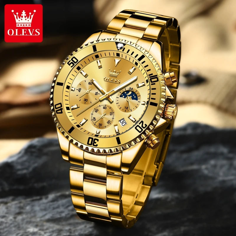 Watches Golden Stainless Steel Chronograph Big Dial Men's Wristwatches