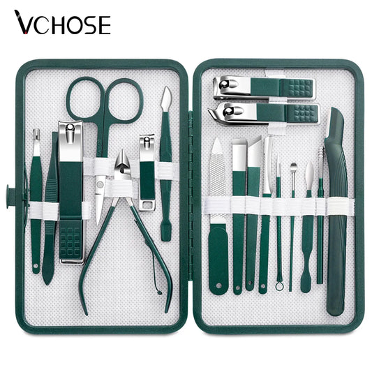 Stainless Steel Nail Clipper Set Grooming Tool Set With Portable Case Manicure Art Tool Green Nails Cut - Hiron Store