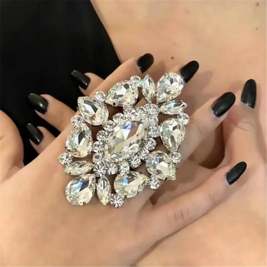 Stonefans Luxury Geometric Ring Crystal Finger Ring Exaggerated Statement Jewelry Women Wedding Adjustable Wedding Open Rings - Hiron Store
