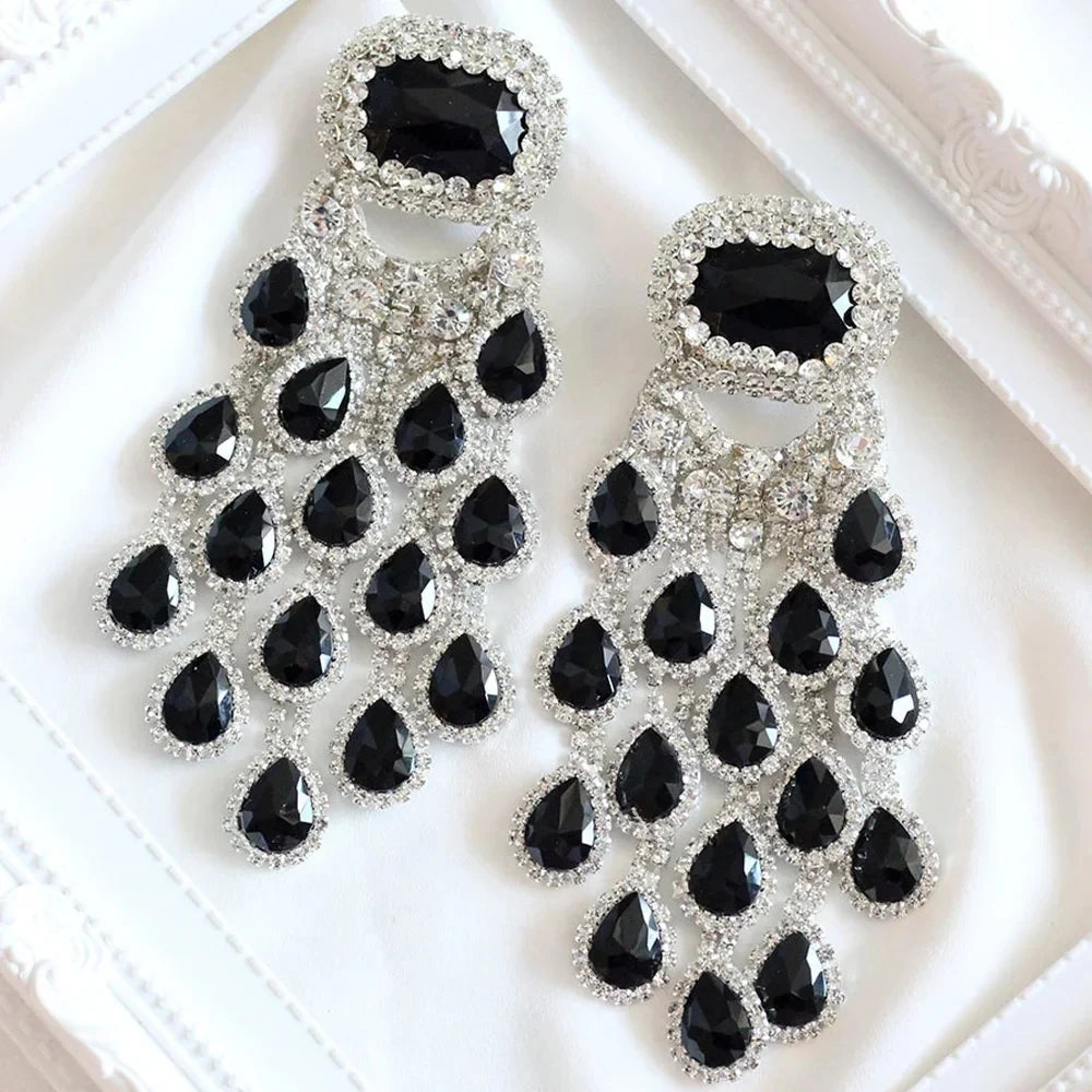 Stonefans New Bridal Black Crystal Tassel Earrings Large Pendant for Women Bling Water Drop Exaggerated Dangle Earrings Jewelry - Hiron Store