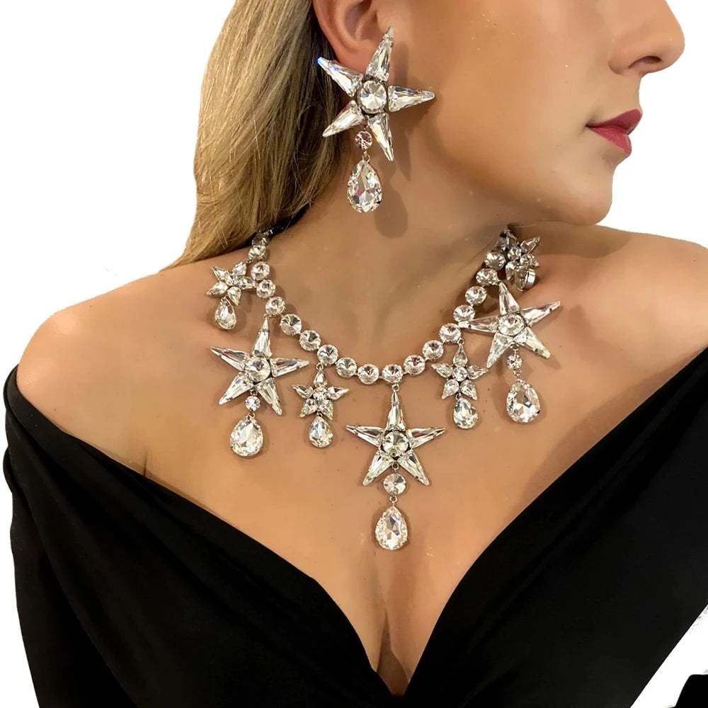 Stonefans Star Pendant Necklace Earrings Set Wholesale for Women Drag Queen Accessories Jewelry Set for Women Free Shipping 2023 - Hiron Store