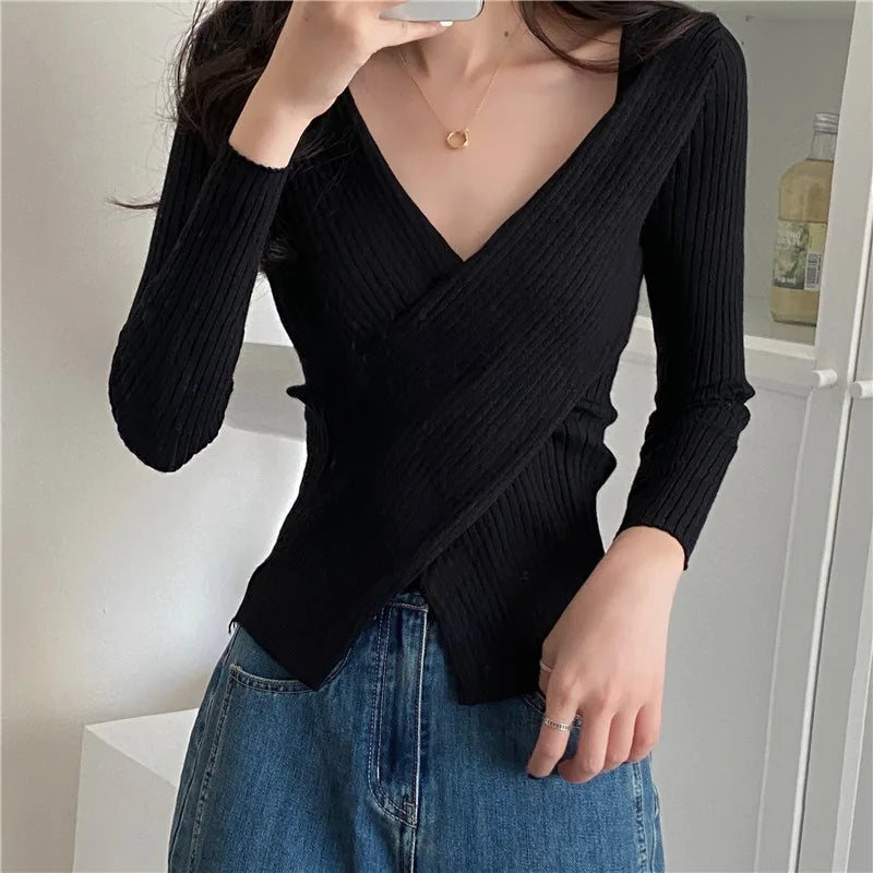 Tops Fashion Female Long Sleeve Skinny Elastic Casual V-neck Knitted Shirts Women Pullover Sweaters - Hiron Store