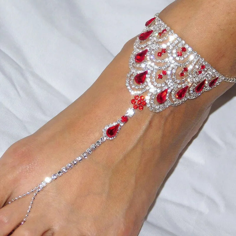 Stonefans Ruby Red Crystal Anklet Rhinestone Foot Chain for Women Boho Rhinestone Finger Toe Anklet Barefoot Sandal Foot Jewelry - Hiron Store