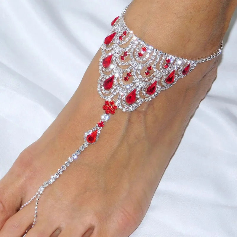 Stonefans Ruby Red Crystal Anklet Rhinestone Foot Chain for Women Boho Rhinestone Finger Toe Anklet Barefoot Sandal Foot Jewelry - Hiron Store