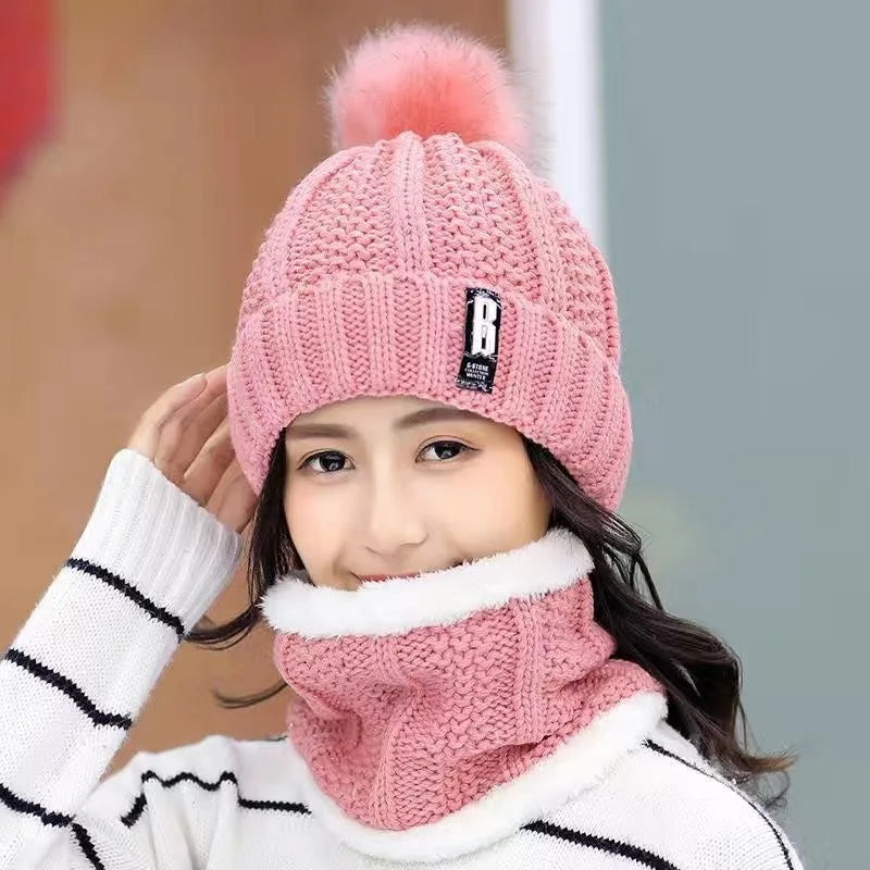 Winter Knitted Scarf Hat Set Thick Warm Skullies Beanies Hats for Women Solid Outdoor Snow Riding Ski Bonnet Caps Girl - Hiron Store