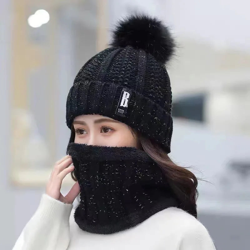 Winter Knitted Scarf Hat Set Thick Warm Skullies Beanies Hats for Women Solid Outdoor Snow Riding Ski Bonnet Caps Girl - Hiron Store