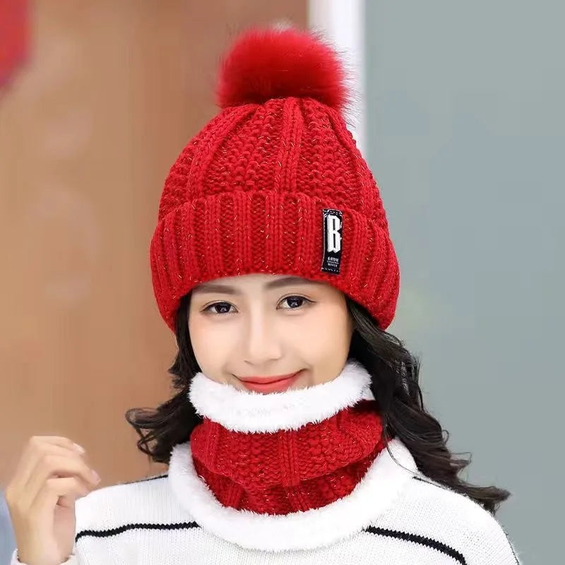 Winter Knitted Scarf Hat Set Thick Warm Skullies Beanies Hats for Women Solid Outdoor Snow Riding Ski Bonnet Caps Girl - Hiron Store