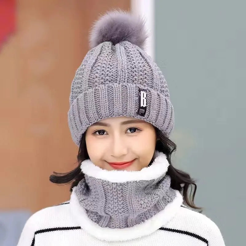 Winter Knitted Scarf Hat Set Thick Warm Skullies Beanies Hats for Women Solid Outdoor Snow Riding Ski Bonnet Caps Girl - Hiron Store