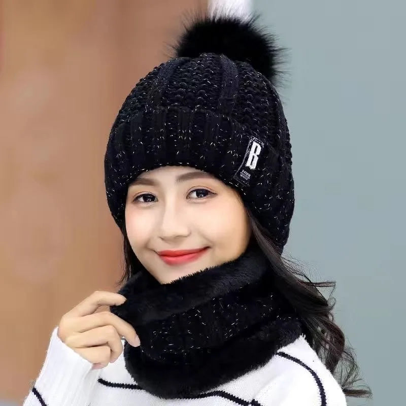 Winter Knitted Scarf Hat Set Thick Warm Skullies Beanies Hats for Women Solid Outdoor Snow Riding Ski Bonnet Caps Girl - Hiron Store