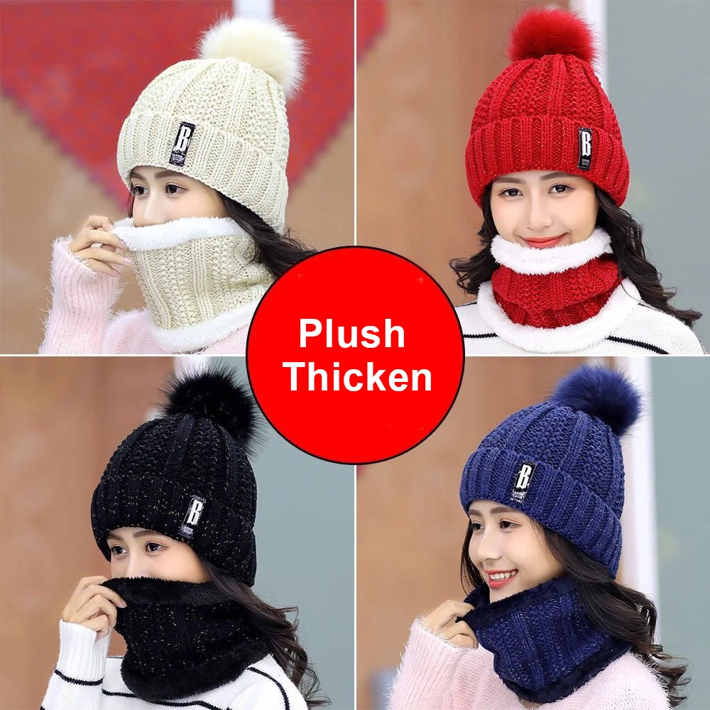 Winter Knitted Scarf Hat Set Thick Warm Skullies Beanies Hats for Women Solid Outdoor Snow Riding Ski Bonnet Caps Girl - Hiron Store