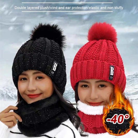 Winter Knitted Scarf Hat Set Thick Warm Skullies Beanies Hats for Women Solid Outdoor Snow Riding Ski Bonnet Caps Girl - Hiron Store