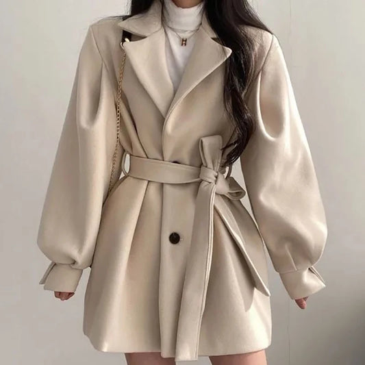 Winter Women Lace-up Trench Coat With Pockets Woolen Turn-down Collar Buttons Women Long Sleeve Coat Overcoat 2023 - Hiron Store