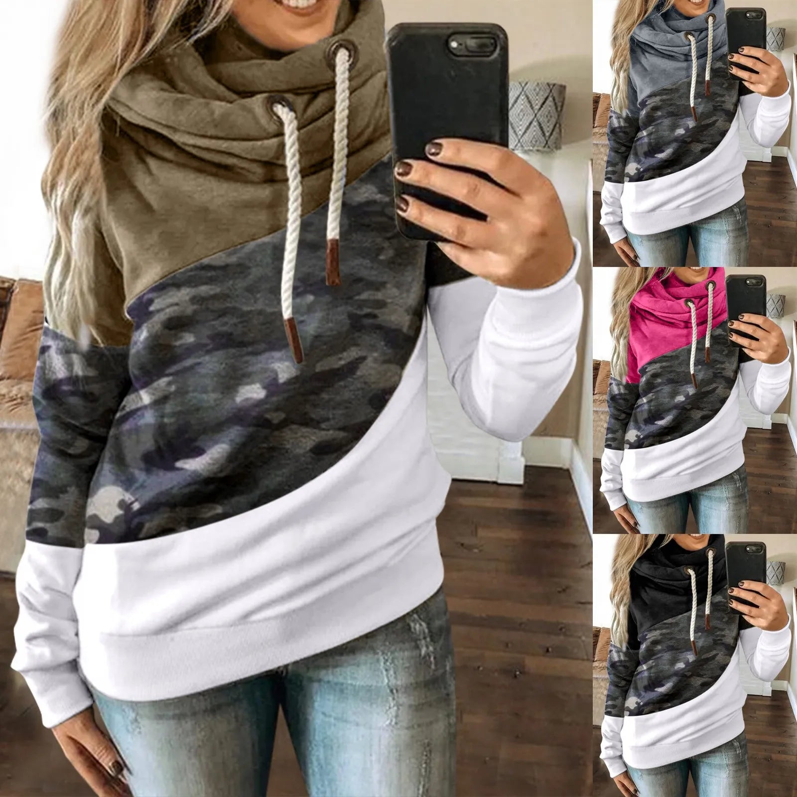 Y2K Clothes Hoodies for Women Vintage Color Block Print Hooded Pullover Casual Long Sleeve Drawstring Sweatshirt Blouse Tops - Hiron Store