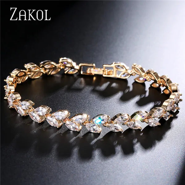 ZAKOL Fashion White Leaf Bracelets Bangles for Women Shinny Marquise Cut Cubic Zirconia Bridal Wedding Party Jewelry - Hiron Store