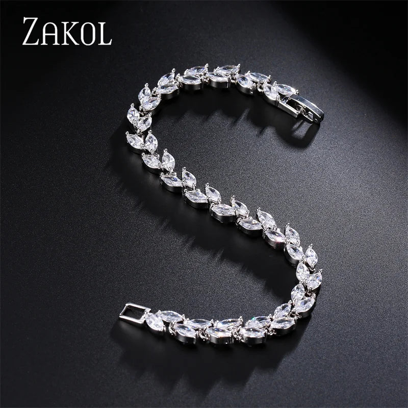 ZAKOL Fashion White Leaf Bracelets Bangles for Women Shinny Marquise Cut Cubic Zirconia Bridal Wedding Party Jewelry - Hiron Store