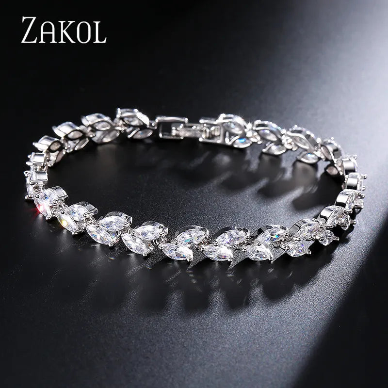 ZAKOL Fashion White Leaf Bracelets Bangles for Women Shinny Marquise Cut Cubic Zirconia Bridal Wedding Party Jewelry - Hiron Store