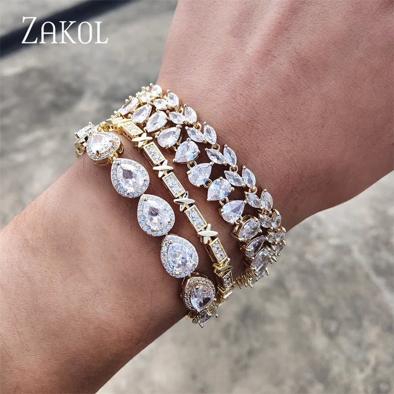 ZAKOL Fashion White Leaf Bracelets Bangles for Women Shinny Marquise Cut Cubic Zirconia Bridal Wedding Party Jewelry - Hiron Store