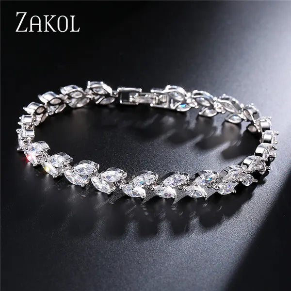 ZAKOL Fashion White Leaf Bracelets Bangles for Women Shinny Marquise Cut Cubic Zirconia Bridal Wedding Party Jewelry - Hiron Store