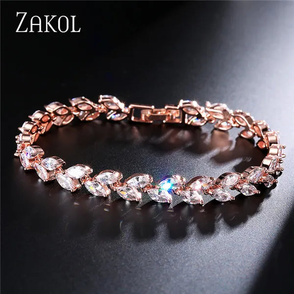 ZAKOL Fashion White Leaf Bracelets Bangles for Women Shinny Marquise Cut Cubic Zirconia Bridal Wedding Party Jewelry - Hiron Store