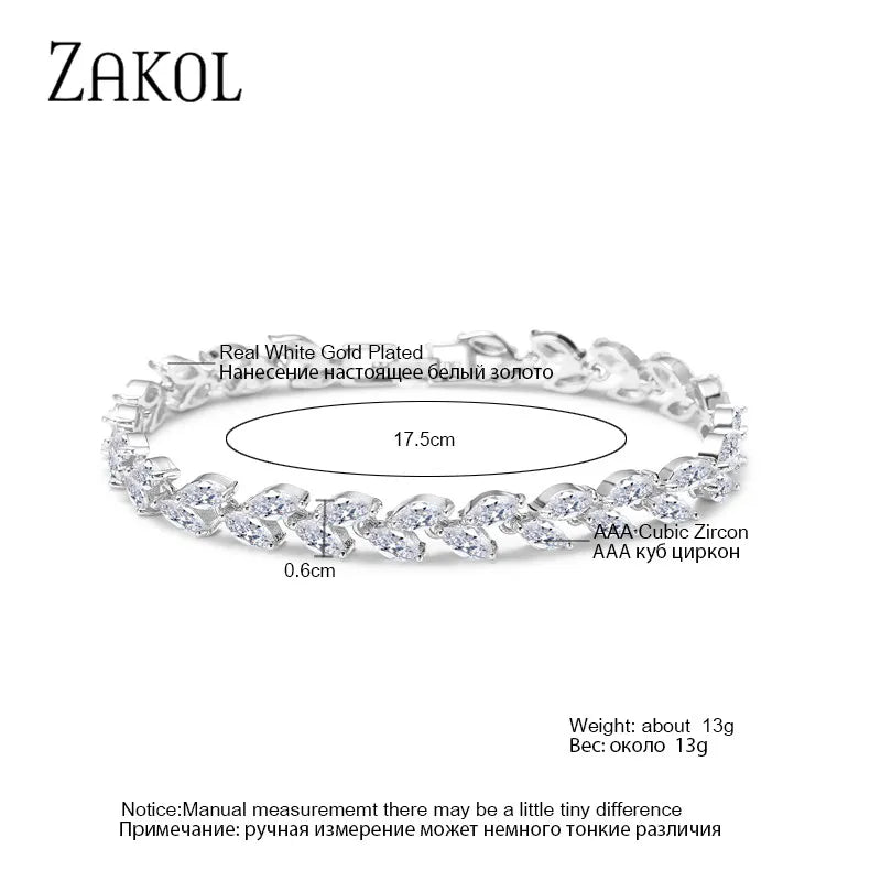 ZAKOL Fashion White Leaf Bracelets Bangles for Women Shinny Marquise Cut Cubic Zirconia Bridal Wedding Party Jewelry - Hiron Store