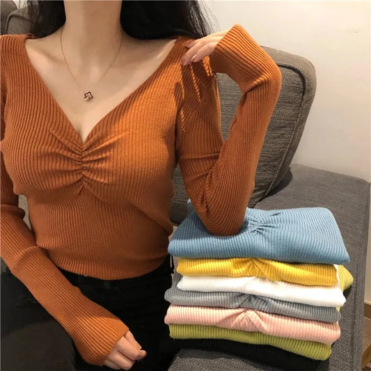 Zoki Sexy V Neck Women Sweater Autumn Knitted Pullover Jumper Chic Soft Korean Slim Long Sleeve Female Basic Top New - Hiron Store