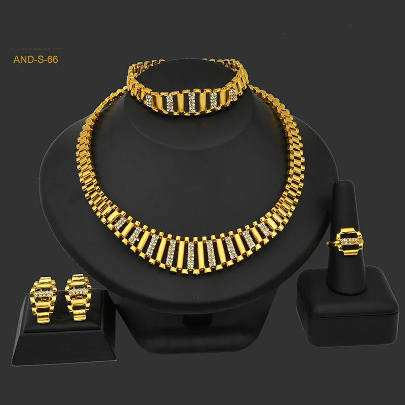 Gold Dubai Jewelry Set Jewelry Necklace Bracelet Earrings Ring 4Pcs Sets Women Wedding Bridal Jewelry Set Gift Party Wholesale - Hiron Store