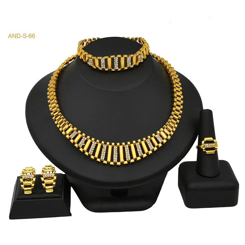 Gold Dubai Jewelry Set Jewelry Necklace Bracelet Earrings Ring 4Pcs Sets Women Wedding Bridal Jewelry Set Gift Party Wholesale - Hiron Store