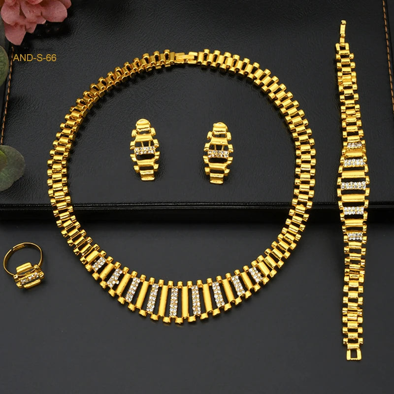 Gold Dubai Jewelry Set Jewelry Necklace Bracelet Earrings Ring 4Pcs Sets Women Wedding Bridal Jewelry Set Gift Party Wholesale - Hiron Store