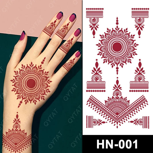 Fake Temporary Henna Tattoo Full Hand India Mehndi Design Brown Red Maroon Sexy Finger Hand Tattoo Stickers For Women Girls - Hiron Store